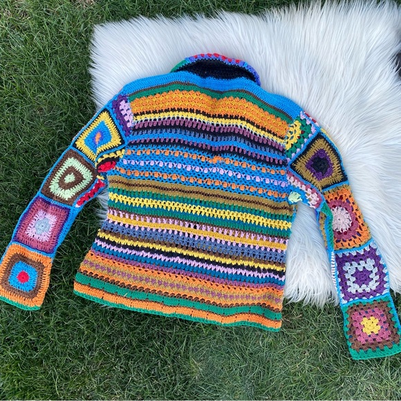 Vtg Express Tricot Sweater cardigan Multicolor Granny Square Crochet Medium - Picture 5 of 10